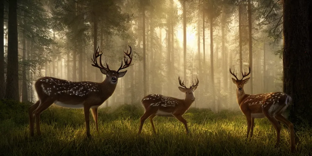 Prompt: forrest with beautiful deer, superwide angle, light through the mist, dramatic lighting, photorealistic, cinematic lighting, high detail, cinematic feel, high octane, 4 k, unreal engine, digital render, intricate, ultra realistic, concept art