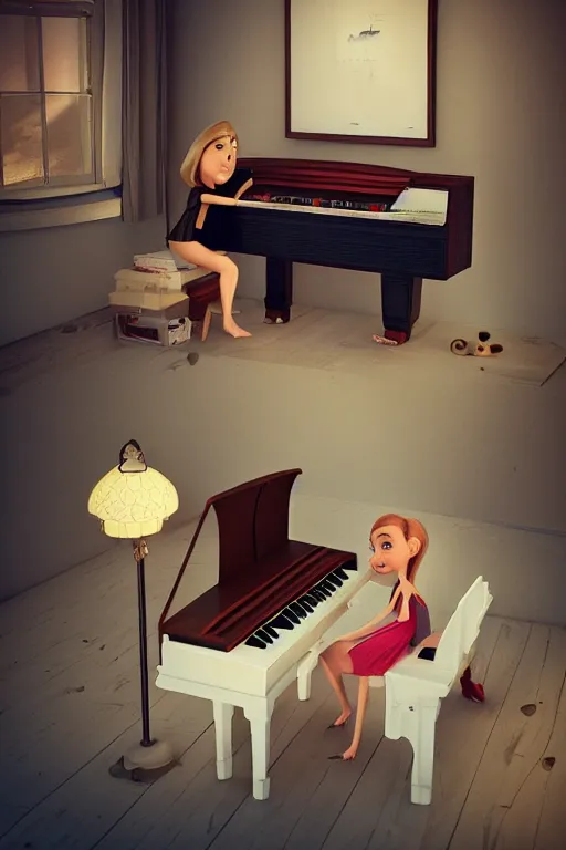 Image similar to a lovely girl playing a piano by pixar, digital 3 d, oct, beautiful, gorgeous, dramatic lighting, rule of thirds, perfect composition, trending on artstation, 4 k