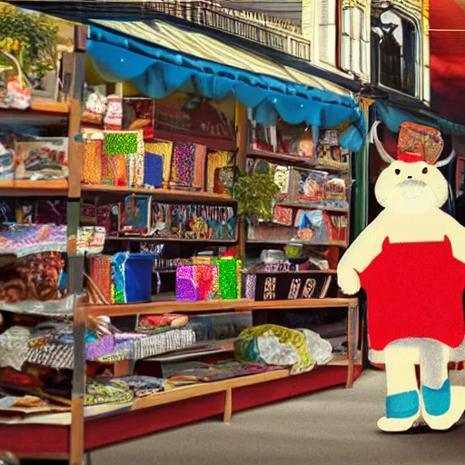 Image similar to hyperrealistic photo of the Snappy Gifts mascot delivering gifts in a flea market