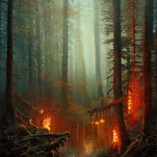 Prompt: intricate five star hellfire forest by greg rutkowski and thomas kinkade, oil on canvas, hdr, high detail, photo realistic, hyperrealism, matte finish, high contrast, 3 d depth, centered, masterpiece, vivid and vibrant colors, enhanced light effect, enhanced eye detail, artstationhd