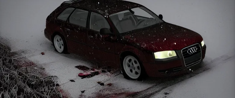 Image similar to Audi A4 B6 Avant (2002), a gritty neo-noir, dramatic lighting, cinematic, eerie person, death, homicide, homicide in the snow, viscera splattered, gunshots, bullet holes, establishing shot, extremely high detail, photorealistic, fire, arson, cinematic lighting, artstation, by simon stalenhag, Max Payne (PC) (2001) winter New York at night, In the style of Max Payne 1 graphic novel, flashing lights, Poets of the Fall - Late Goodbye