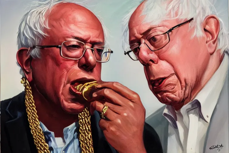 Image similar to Bernie Sanders as rap artist wearing gold chains and gold teeth, drinking cough syrup, oil on canvas, artstation, portrait, masterpiece, aesthetic