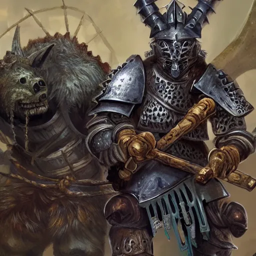 Image similar to d & d, short haired armored bugbear wielding rusty cleaver with chains and a shield, large backpack and and a greatsword wearing mossy rags and a poorly fitted helmet and chestplate