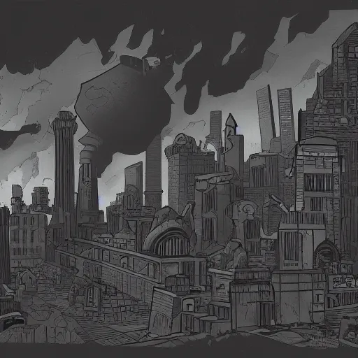 Prompt: landscape of apocalypse city, grayscale, by mike mignola