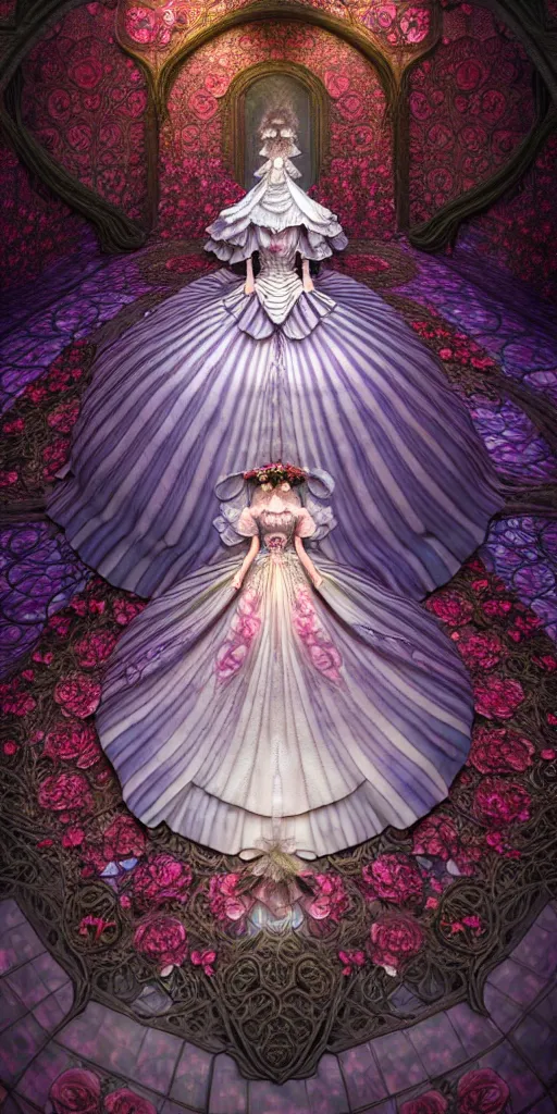 Image similar to the beautiful hyperdetailed physical rendering of a single rose flower wedding gothic lolita dress clothing design display in show in front of your eyes, perfectly shaded, atmospheric lighting, in the style of makoto shinkai, raphael lacoste louis comfort tiffany, artgerm, karol bak, ross tran, 8 k hd, fine texture structure, 3 drender,