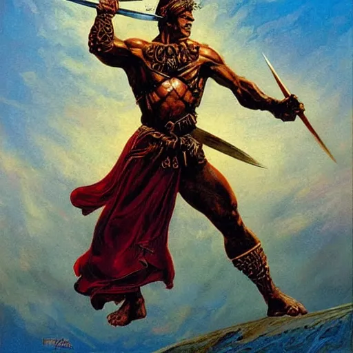 Prompt: warrior holding sword into air. Intricate artwork by Greg Hildebrandt and Frank Frazetta