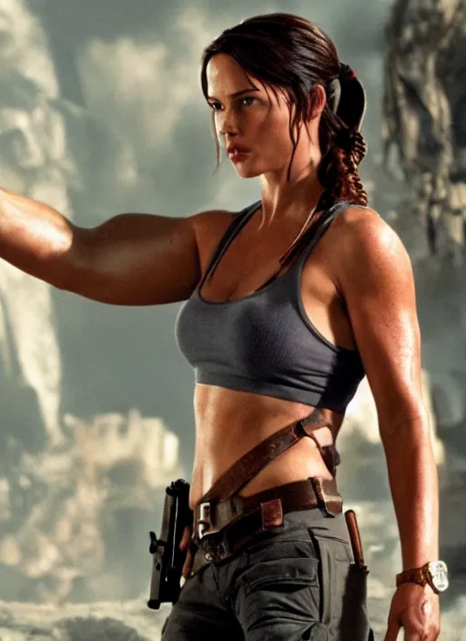 Image similar to film still of Lara Croft as John McClane in Die Hard, thicc, large chest, crop top, white thong, 4k