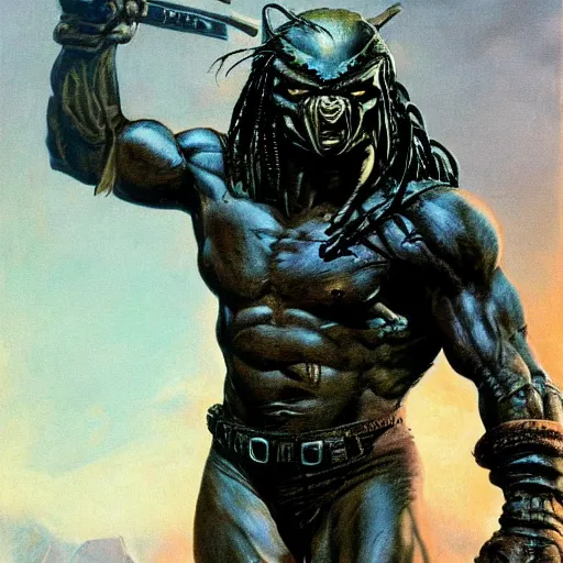 Prompt: Predator (1987), by Frank Frazetta, digital painting, masterpiece