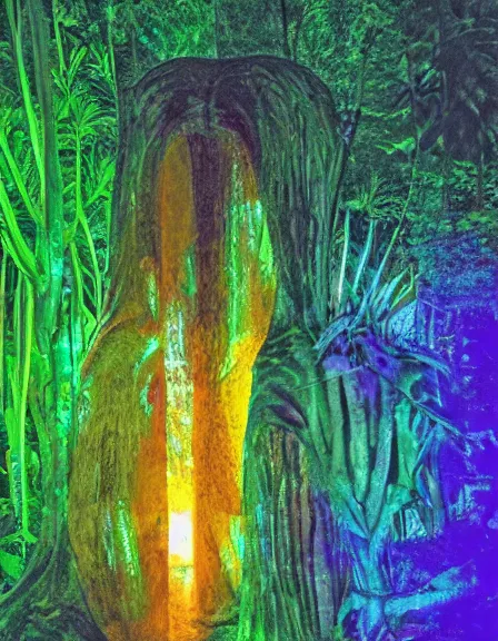 Prompt: vintage color photo of a giant 1 1 0 million years old abstract sculpture made of light beams and liquid gold covered by the jungle vines