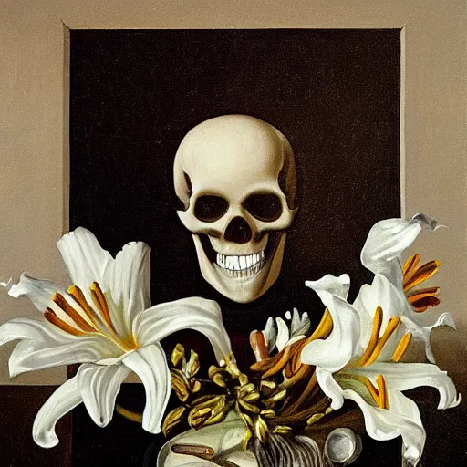 Image similar to a painting of a skull with diamonds in its eyes surrounded by white lilies all in front of a dark shadowy background in the style of a still life painting by francisco de zurbaran