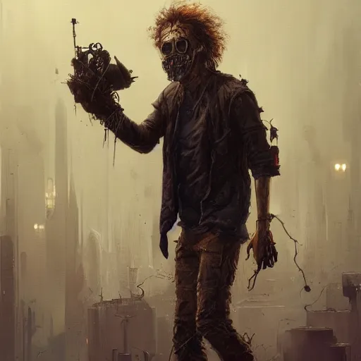 Image similar to henry dorsett case, middleaged shaggy cyborg, heavily augmented, wired, smoker, hacker, cyberpunk, painted by seb mckinnon, high detail, dramatic light, digital art, painted by greg rutkowski, promotional movie posterart, trending on artstation