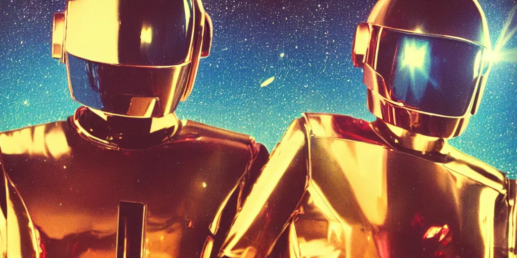 Prompt: analog polaroid portrait of a chrome android, Hajime Sorayama, daft punk, sheen, red reflections, unreal engine, azure sky, big clouds visible, sunlight, reflection, sparkles, space, stars, nebula, lensflare, film grain, depth of field, color bleed