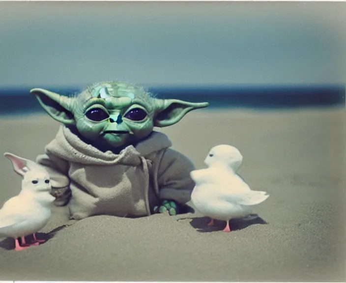 Prompt: polaroid photograph of a very detailed and beautiful baby yoda!!. grogu. at the beach next to a big seagull!!!!. photo by martin parr and annie lebovitz. 2 4 mm lens