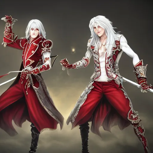 Prompt: Epic rococo painting of two young identical twins, with white skin, long white hair and red eyes. Wearing identical red clothes. Middle age. Castlevania, ultra-detailed. Anime, pixiv, UHD 8K CryEngine, octane render