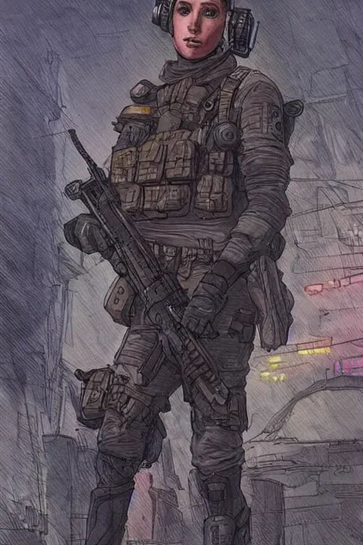 Image similar to zazie the ghost. blackops mercenary in near future tactical gear and cyberpunk headset. Blade Runner 2049. concept art by James Gurney and Mœbius.