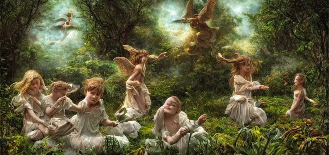 Prompt: angels playing in a hidden garden by michael whelan, heaven, ultra realistic, aesthetic, beautiful, magical