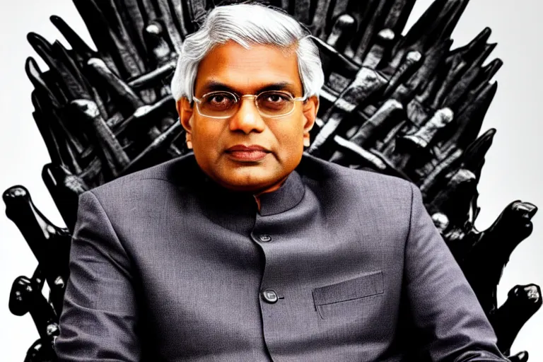Image similar to Ranil Wickramasinghe sitting on the iron throne, closeup photograph, dark color scheme