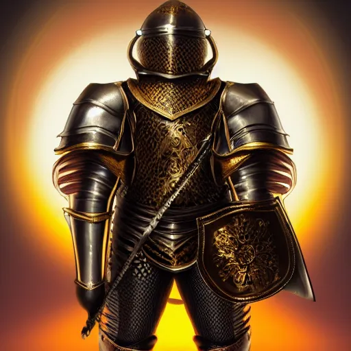 Image similar to a highly detailed full-length knight in a T golden helmet and crown with a diamond in the center, golden armor, leather clothes under the armor, leather gloves, holds a black sword, artstation, DeviantArt, professional, octane render, sunset lighting