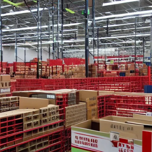 Image similar to a picture of a warehouse full of boxes with green patches on the top and red patches on the sides