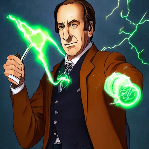 Image similar to portrait of saul goodman as the master of the green lightning, anime fantasy illustration by tomoyuki yamasaki, kyoto studio, madhouse, ufotable, trending on artstation