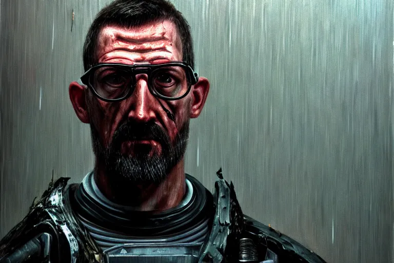 Image similar to photorealistic oil painting of gordon freeman in a damaged, scratched and worn down hev suit, night, rain, dense fog, dark room, cinematic, volumetric lighting, f 8 aperture, cinematic eastman 5 3 8 4 film, photorealistic