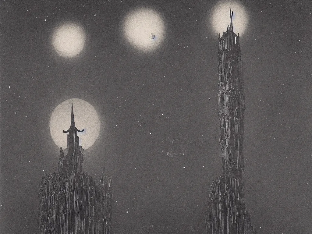 Prompt: gothic tower flower at night over the comet. karl blossfeldt, agnes pelton, roger dean