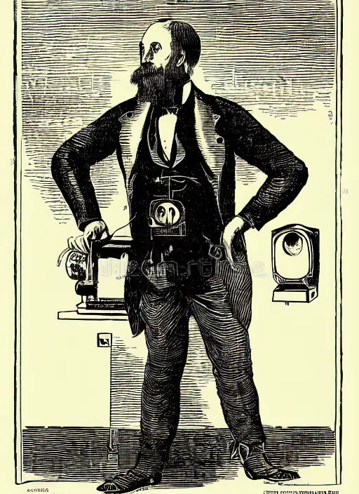 Image similar to 19th century wood-engraving of a computer capable of drawing pictures, a man stand in front of it looking confused, whole page illustration from Jules Verne book, art by Édouard Riou Jules Férat and Henri de Montaut, frontal portrait, high quality, beautiful, highly detailed, removed watermarks