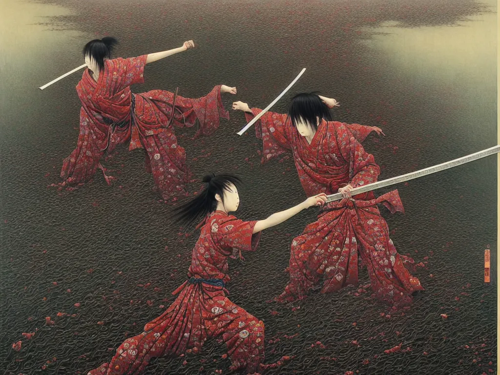 Image similar to Japanese schoolgirl runs away from Samurai with a katana on the subway, high detailed Beksinski painting, part by Adrian Ghenie and Gerhard Richter. art by Takato Yamamoto. masterpiece