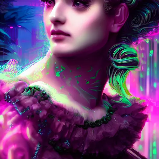 Prompt: Beautiful rococo victorian princess, cyberpunk vapor wave glitch wave art, 4k digital illustration by artgerm, wlop, medium close up shot, artstation, 8k resolution, super sharp