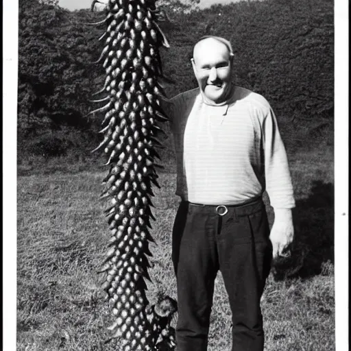 Prompt: vintage, black and white photograph of a man standing proudly next to a gigantic strawberry that is taller than he is