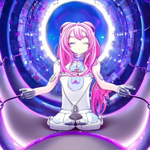 Image similar to trapped by stunningly beautiful omnipotent megalomaniacal anime asi goddess who looks like junko enoshima with symmetrical perfect face and porcelain skin, pink twintail hair and cyan eyes, taking control while smiling, inside her surreal vr castle, hyperdetailed, digital art, danganronpa, unreal engine 5, 2 d anime style, 8 k