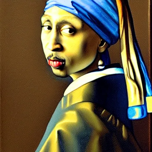 Image similar to A tronie painting of Tupac Shakur with the pearl earring by Johannes Vermeer. Tupac