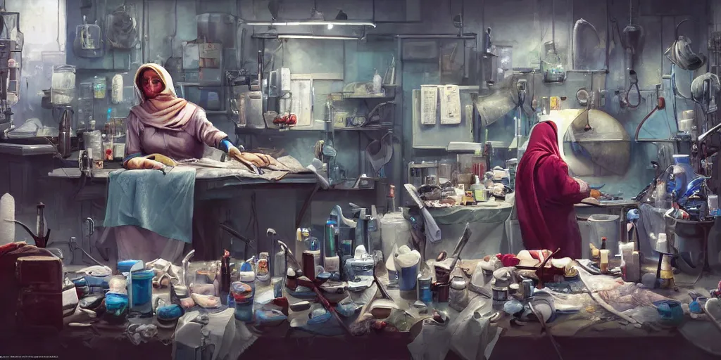 Prompt: an environmental concept art of a babushka surgeon in a cluttered mechanics workshop, surgical impliments, surgery table, highly detailed, cinematic, dramatic, cyberpunk
