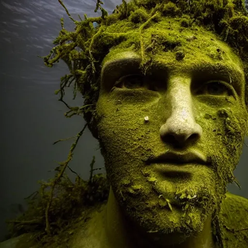 Image similar to Award-winning photograph by Mar Mann. The photo depicts a decaying roman bust of Christiano Ronaldo overgrown with moss at the bottom of the sea in the middle of ruins of civilization. Minimalism, high definition, perfect composition. Deep sea picture. Very dark. Volumetric Lighting. Fish. Darkness. Ruins