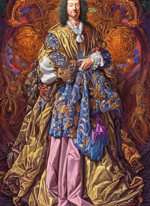 Image similar to beautiful oil painting, full length portrait of Louis xiv in coronation robes 1701, Dan Mumford, Dan Mumford, Alex grey, Alex grey, highly detailed , lsd visuals, dmt fractal patterns, hallucinogen, visionary art, psychedelic art, ornate, vaporwave, baroque