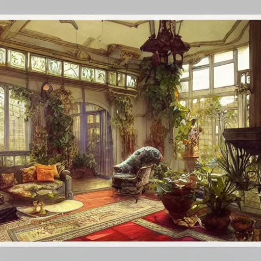 Image similar to a beautifull intricate watercolour painting of a living room with leaves, reflexions, verry high details by william turner art, greg rutkowski and alphonse mucha, trending on artstation, very very detailed, masterpiece, muted colors