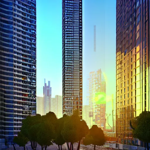 Prompt: vibrant HDR photo of a modern city with tall apartment buildings; artstation; #conceptart; #c4d; #render; vray tracing; matte painting H 576