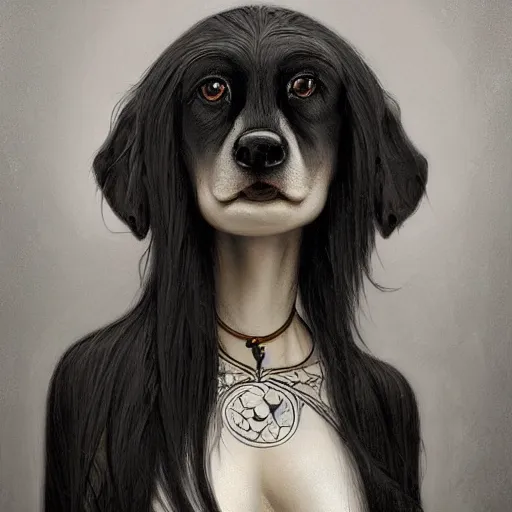 Image similar to a photograpic portrait of a anthropomorphic dog people wearing black clothes, black hair, grey skin, grey ears, fantasy, intricate, elegant, highly detailed, digital painting, artstation, smooth, sharp focus, illustration, art by artgerm and H R Giger and alphonse mucha