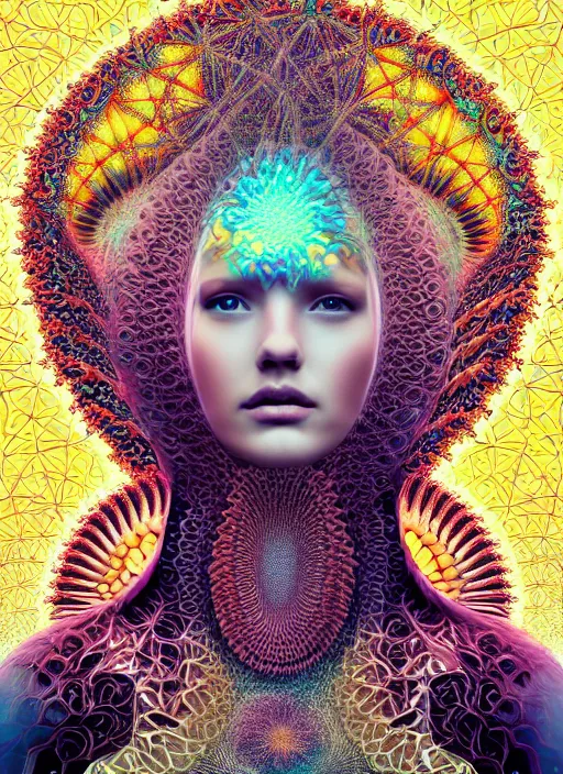 Prompt: ridiculously beautiful young woman tripping, fractals radiating from head, sacred geometry, nature, coral, birds, symmetrical, in the style of ernst haeckel, effervescent, warm, photo realistic, epic and cinematic,