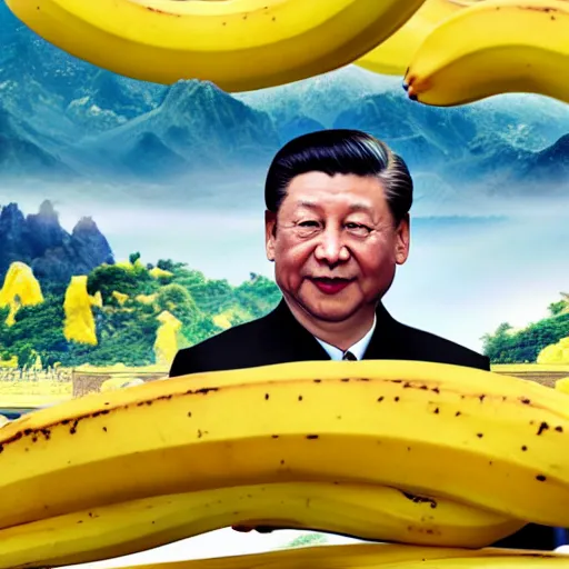 Image similar to Chinese president with bananas, dragon, mountains background, epic stance, battle