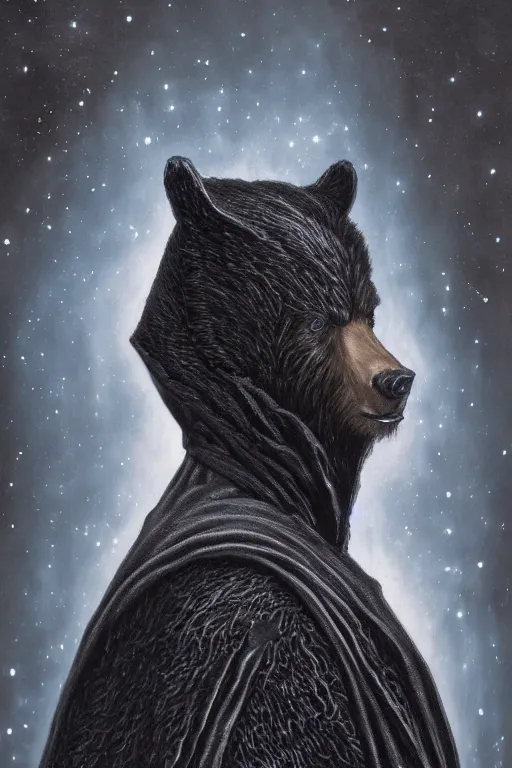 Prompt: sideview waist up portrait of bear wear black cape hoodie made with porcelain by jeff easley and peter elson, beautiful eyes and face, symmetry face, galaxy, gothic, surreal, dread, highly detailed, intricate complexity, epic composition, magical atmosphere, masterpiece, award winning, trending on artstation