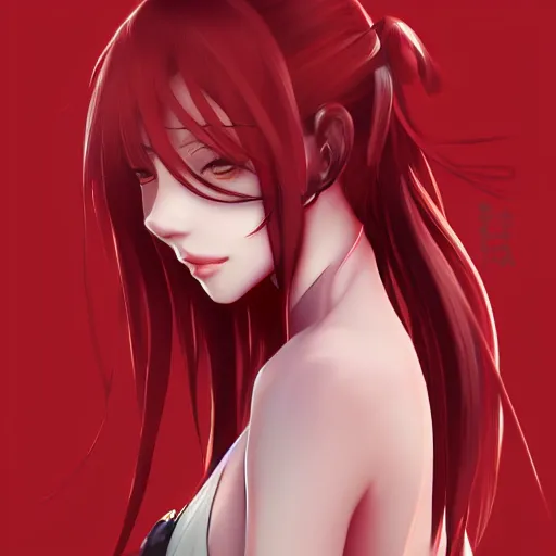 Image similar to kurisu makise, elegant, ultra highly detailed, digital painting, smooth, sharp focus, artstation, top-down shot, red background, art by Ina Wong