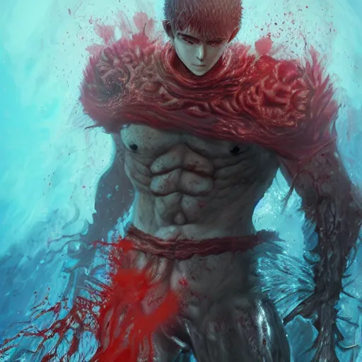 Image similar to guts from berserk submerged in red water, extremely detailed, made by wlop, maxwell boas, Sakimi chan and Anato Finnstark