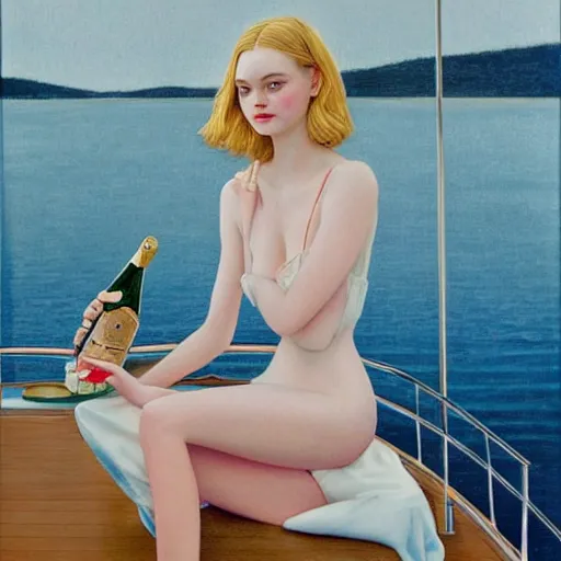 Image similar to Elle Fanning on a yacht next to a bottle of champagne, extremely detailed masterpiece, illustration, by Michael Sowa,