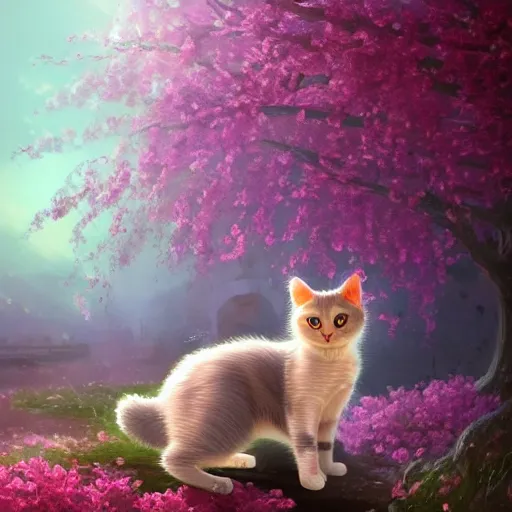 Prompt: photo of a cat in the blossoming garden, professional portfolio of a cat, trending on artstation, super detailed, everything in a beautiful light, stylishly designed background, fantasy art, photoshop