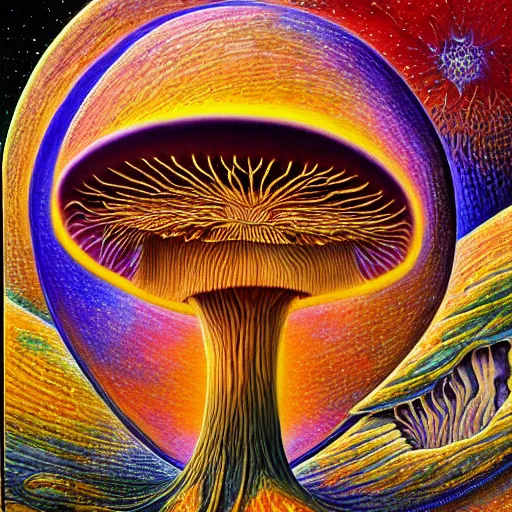 Prompt: mushroom universe by Alex Gray, oil painting, cosmic, ethereal, highly detailed, psychedelic, fractcal, low contrast, trending on artstation