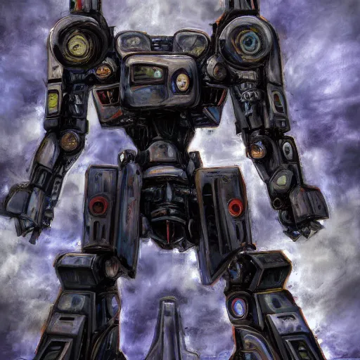 Image similar to TheAgedMySpaceBlog 4k resolution digital art by john howtonk posts matter MySpaceA full length portrait of a giant autonomous polished steel battle mecha, a moody sci-fi painting by Grosne