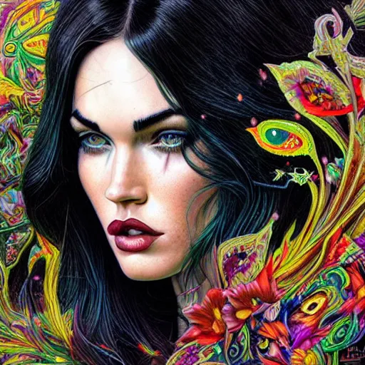 Image similar to portrait of megan fox, hyper detailed masterpiece, neon floral pattern, jean giraud, digital art painting, darkwave goth aesthetic, psychedelic, artgerm, donato giancola and tom bagshaw