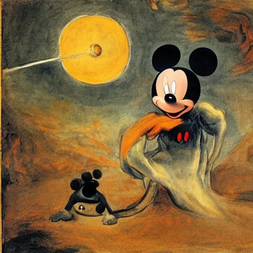 Prompt: mickey mouse as saturn devouring his son by francisco goya, dramatic dark painting by francisco goya and william blake