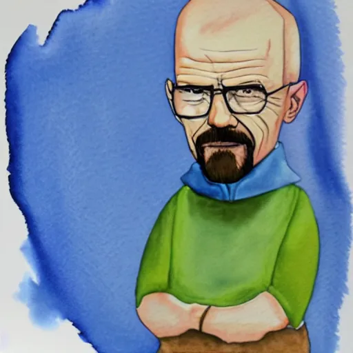 Image similar to a watercolor style paintin of walter white, blue background.